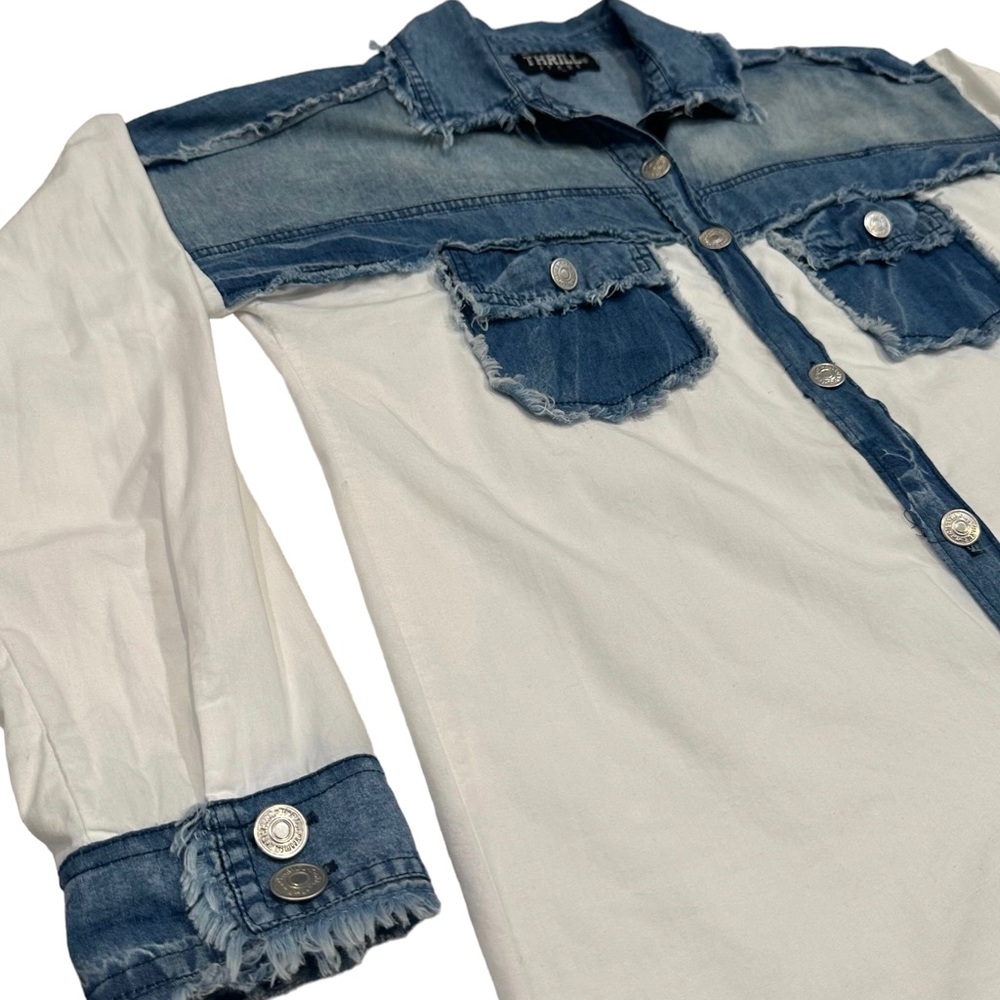THRILL Women's Western Distressed Denim Cotton Button Down Shirt Top - S